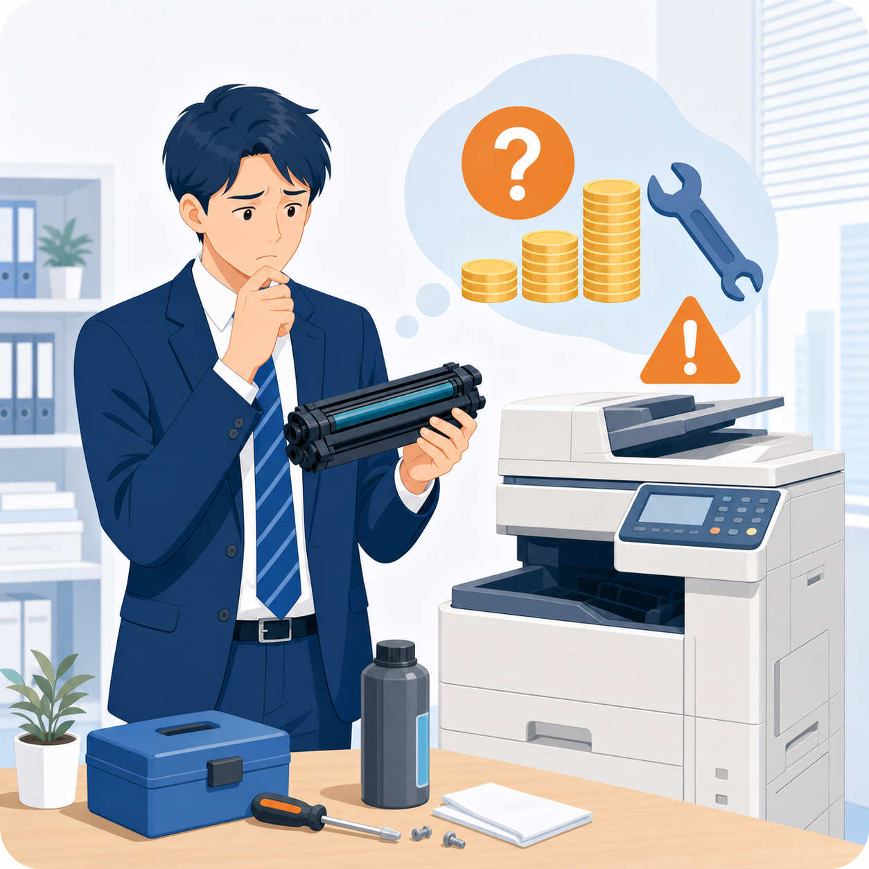 保守やトナーの追加費用が不安なイメージ